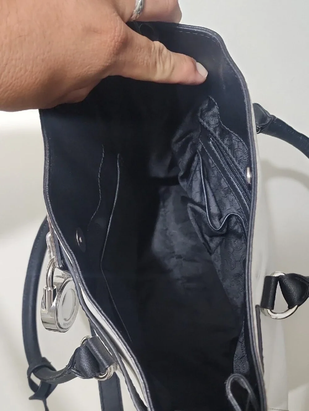 Michael Kors White and Black Safiano Leather Satchel HAMILTON